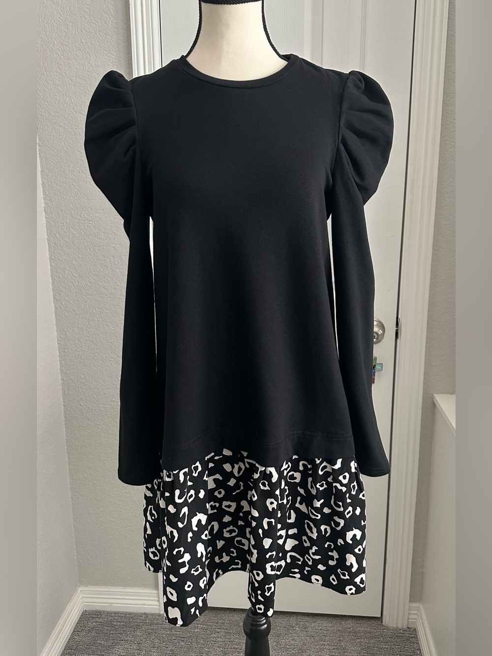 EUC Sugarlips Black Puff-Sleeve Drop Waist Dress w/ Cheetah Print Ruffle Hem